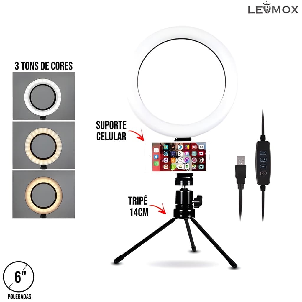 Ring Light Iluminador 6 Polegadas com Tripé de mesa com Suporte de Celular
