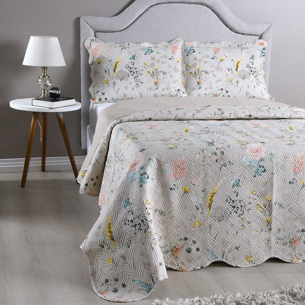 Kit Cobre Leito Colcha Solteiro Casal Queen King 3 e 2 Peças Boutis Estampada Dupla Face Porta Travesseiro Aba Americana