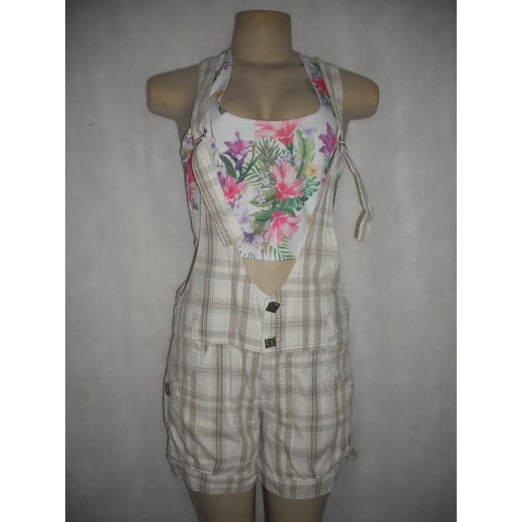 JARDINEIRA BEGE XADREZ THAROG TAM M 40 ALGODÃO MACAQUINHO USADO BOM ESTADO