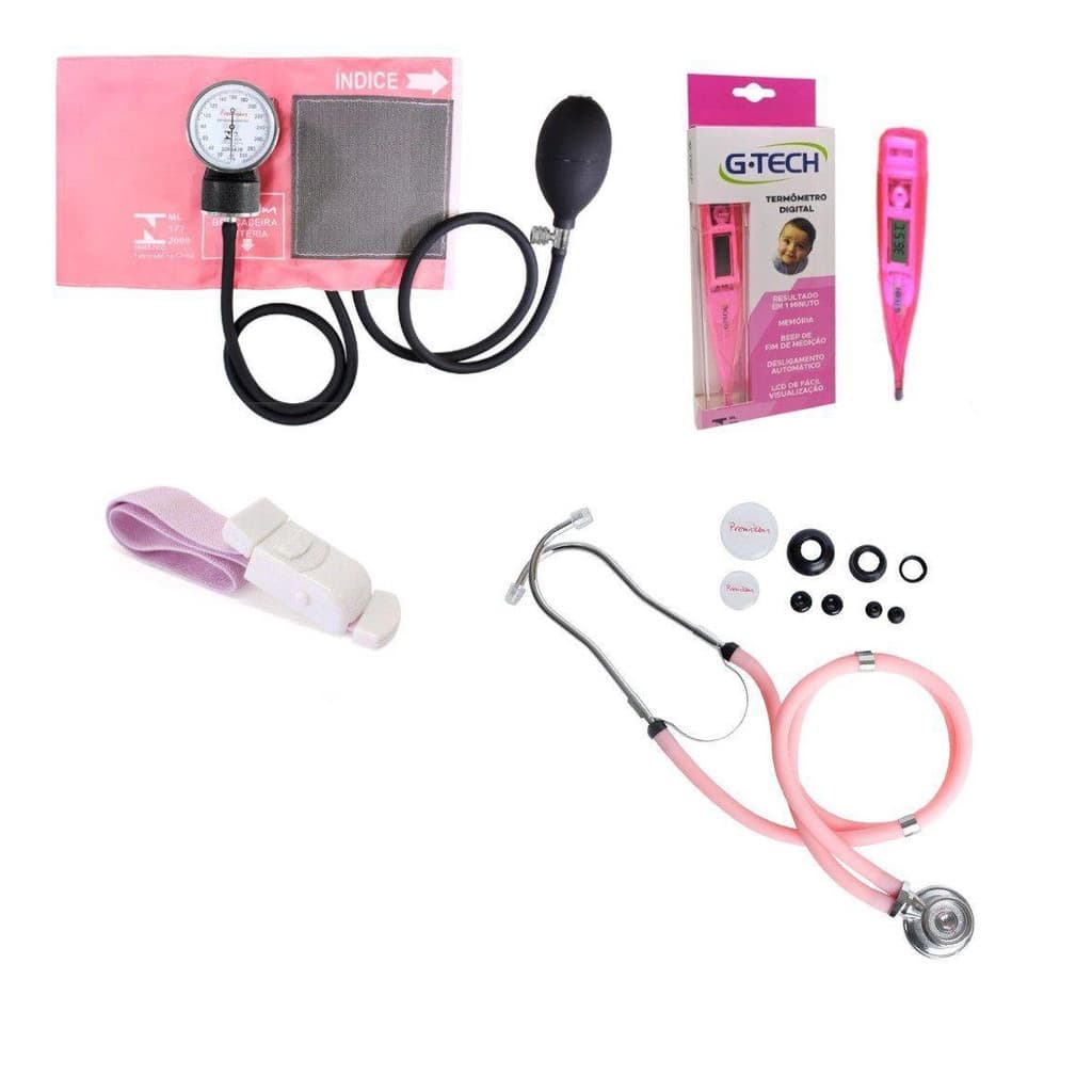 Kit Aparelho Medidor De Pressão + Estetoscópio + Garrote + Termômetro Kit Premium Rosa