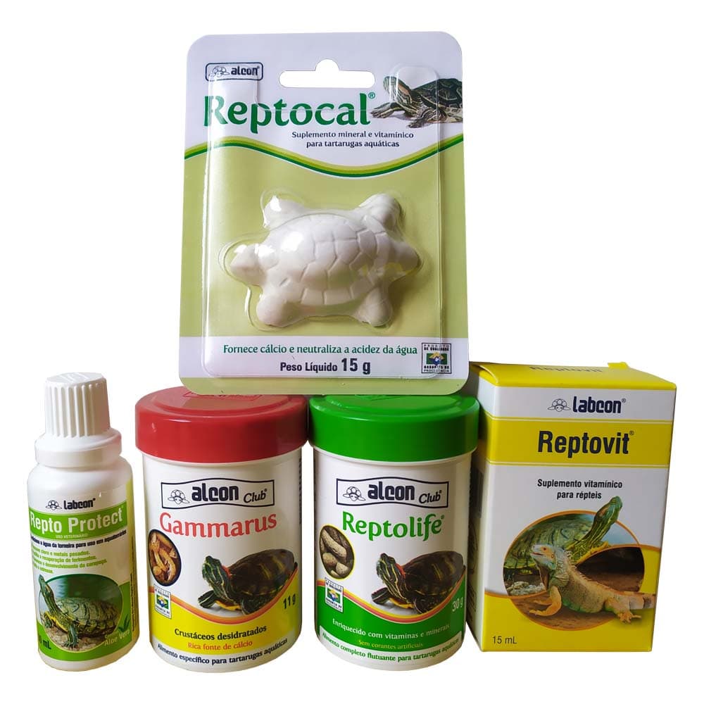 Kit Para Tartarugas Ração Alcon Reptolife e Gammarus e Suplementos Reptocal Reptovit Repto Protect