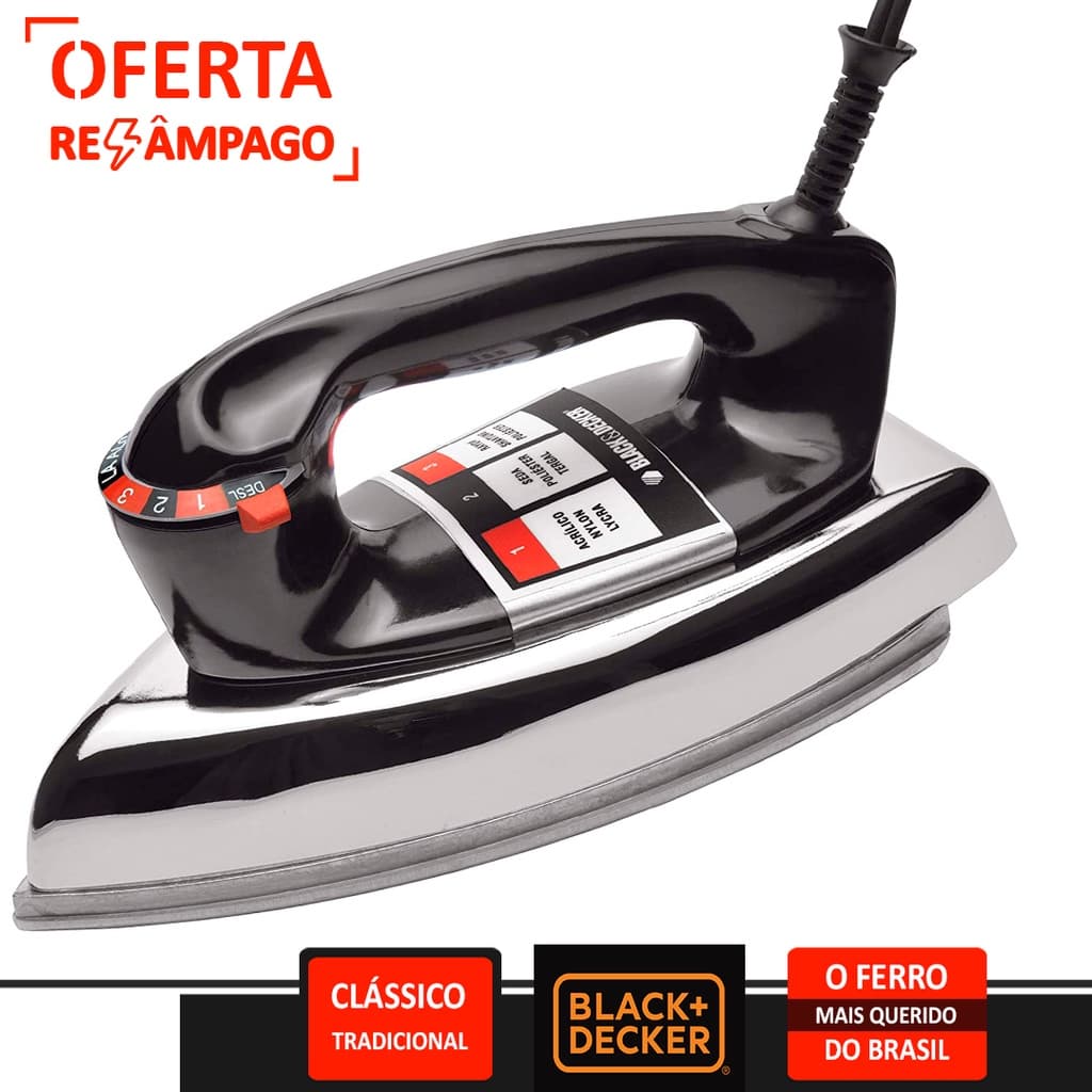Ferro de Passar Roupas VFA a Seco Elétrico Black & Decker Tradicional Preto Clássico Antigo Original