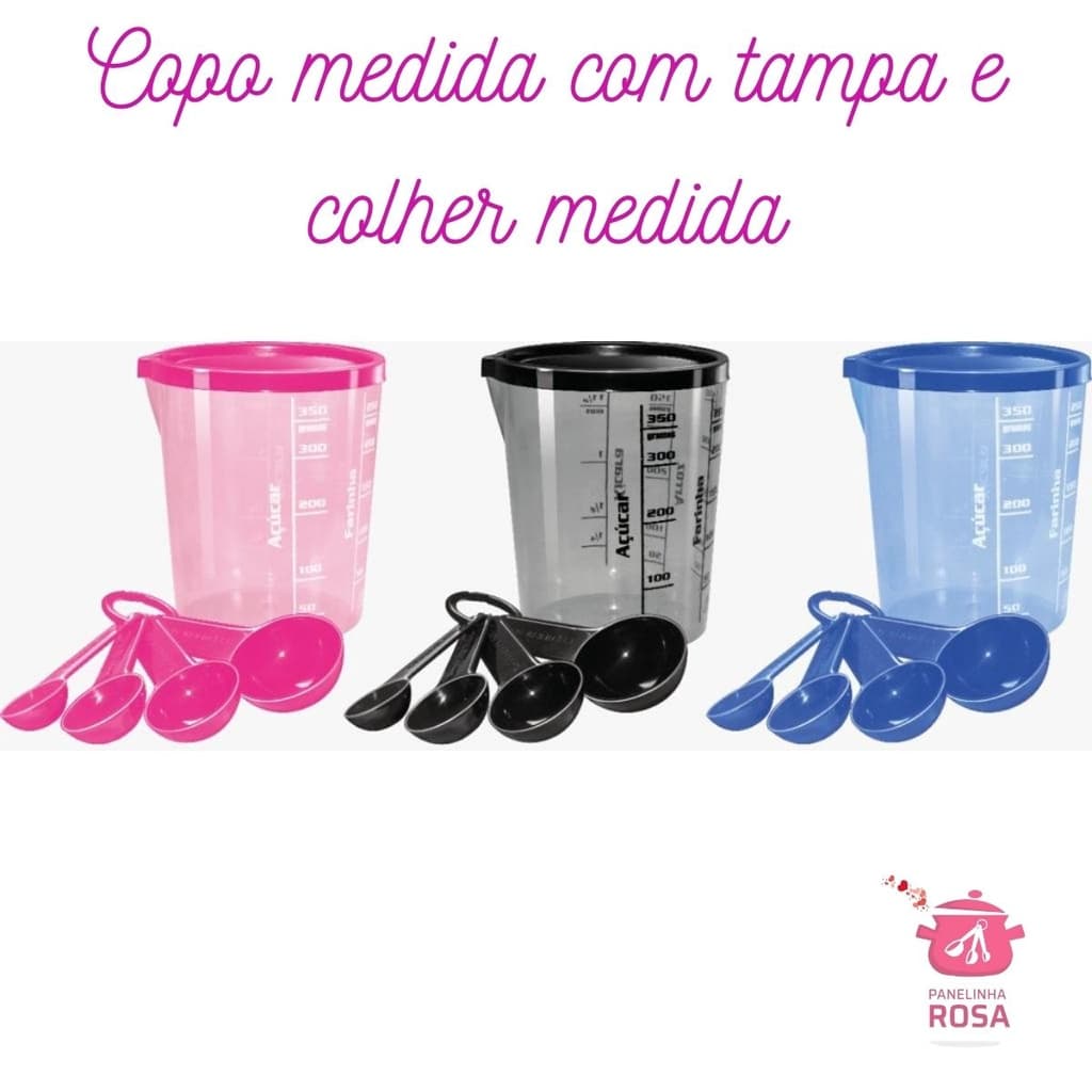 Copo medida graduado com ou sem colheres medidas nas cores rosa, azul e preto