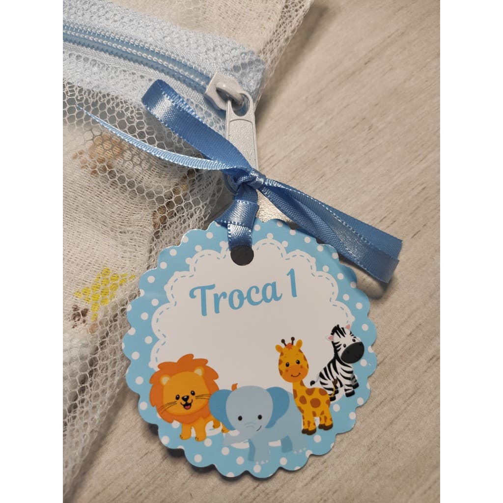 Saquinho Maternidade 6 Unidades Zíper Azul Bebê + Tags Safari Azul Bebê