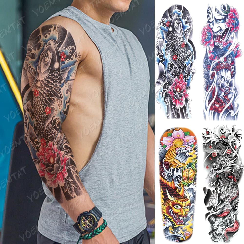 Manga De Braço Grande Tatuagem Japonês Prajna Carpa Dragão Tatto Temporária Impermeável Etiqueta Deus Arte Do Corpo Falso Completo