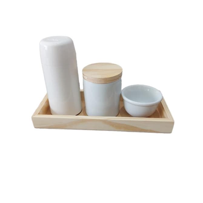 Kit Higiene Bebê Porcelana Menino Menina Pote,Molhadeira, Garrafa Térmica e Bandeja de Madeira Pinus.