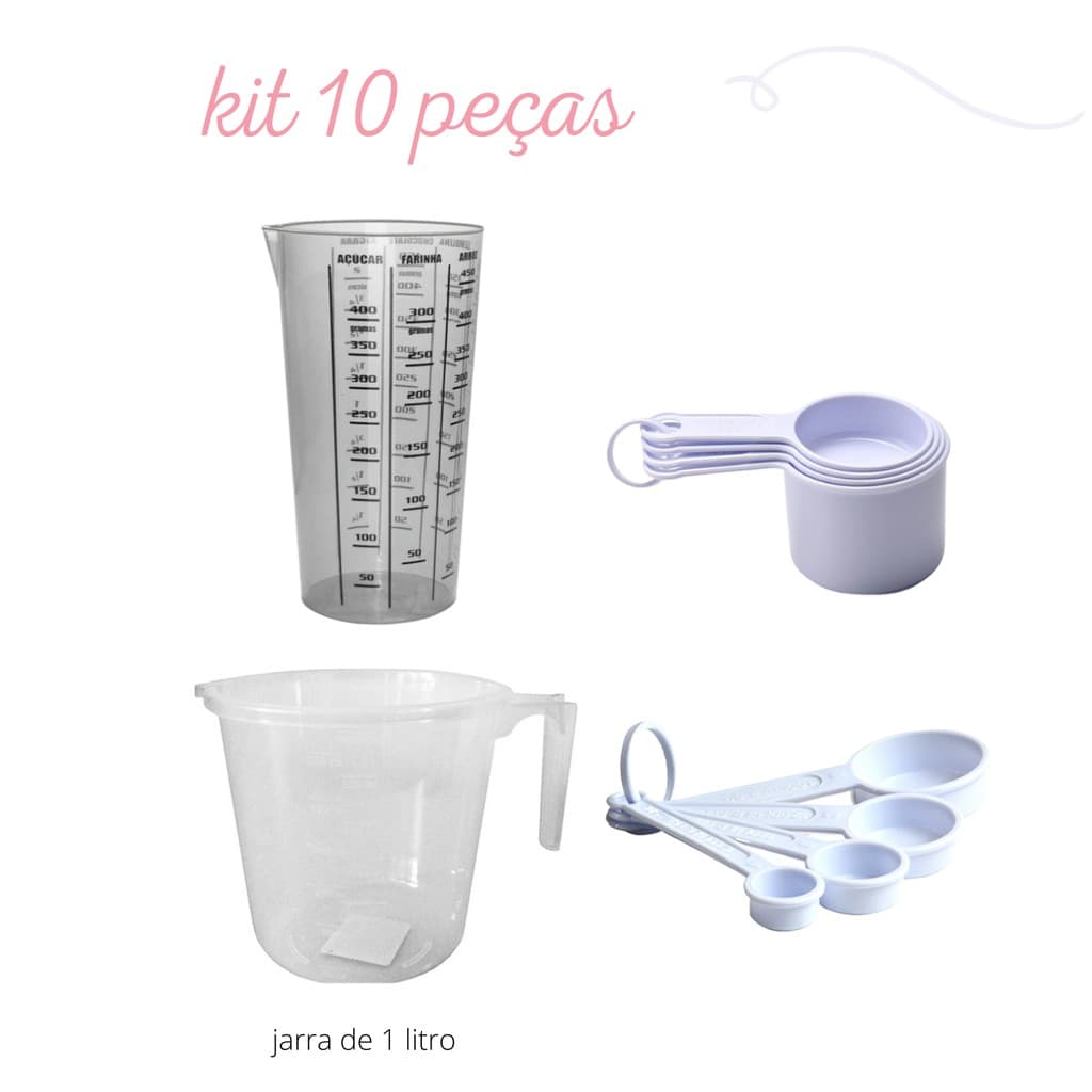 kit 10 peças - xicara, colher, jarra (1 litro), copo (500 ml preto) - suas receitas sempre dando certo