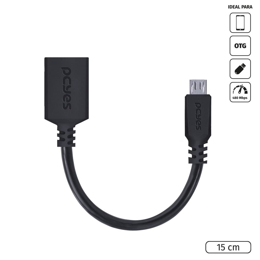ADAPTADOR OTG MICRO USB PARA USB 2.0 15CM PRETO CONEXÃO COM CELULARES SMARTPHONES TABLETS - PAMUP-15
