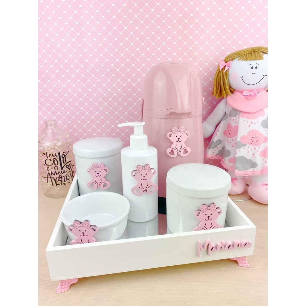 Kit Higiene Bebê Porcelana Temas Rosa Nome Personalizado Garrafa 500 ml pump Rosa