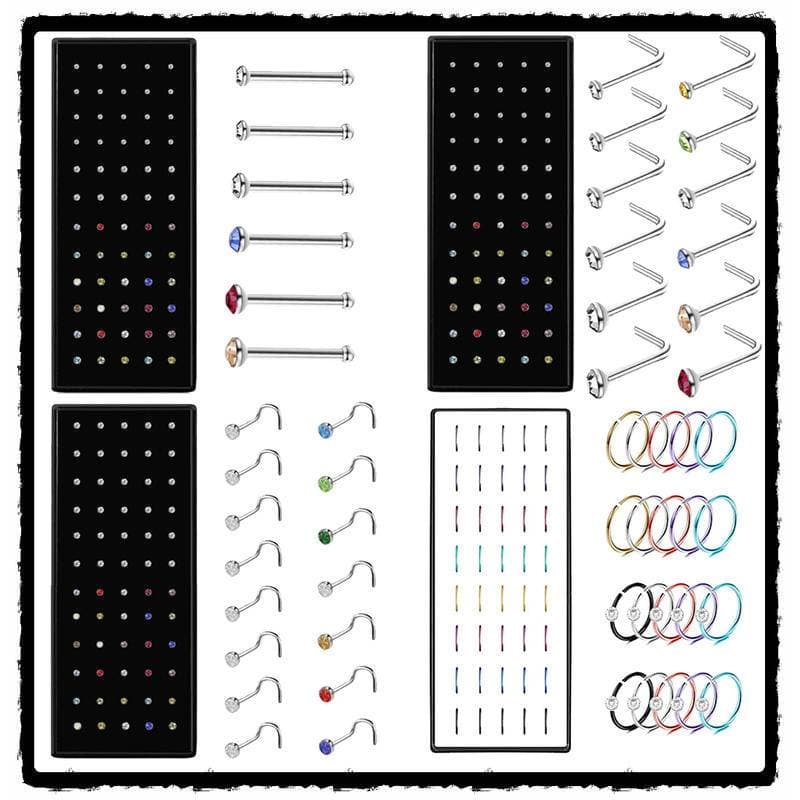40/60 pces l forma anel do nariz curvo pacote de cristal em linha reta 20g nariz parafuso prisioneiro conjunto nariz parafuso prisioneiro lote piercing nase lote piercing nariz pino
