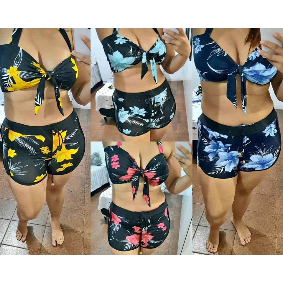 Biquínis hot pants estampado ótima qualidade com bojo 3 peças top calcinha e shorts