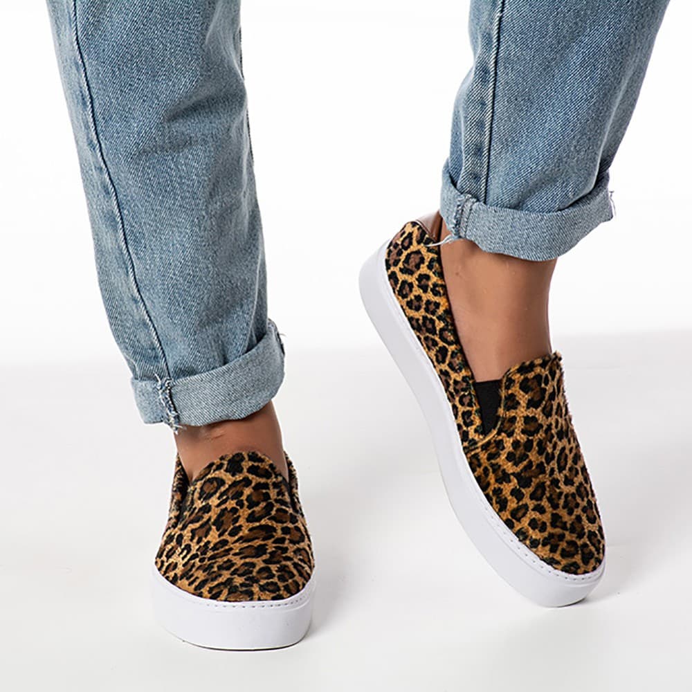 Slip on Feminino Animal Onça Casual Com Elástico Dhaffy