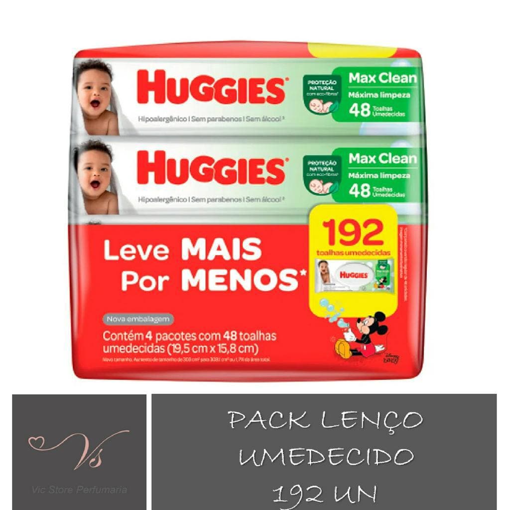 Kit com 04 pacotes de Lenços Umedecidos Huggies Max Clean 48 un (192 Unidades)