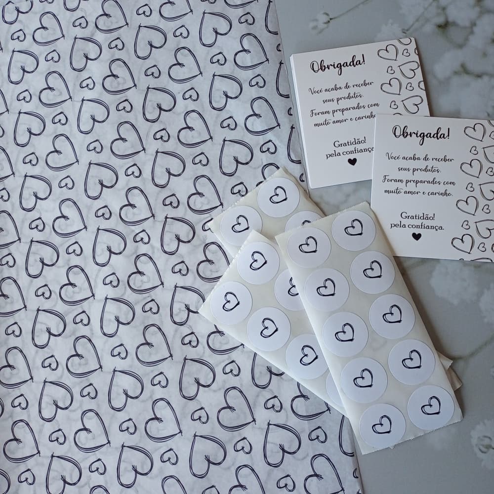 Kit Embalagem - 50 Papel Seda + 50 Lacre + 50 Carta de Agradecimento + Perfume