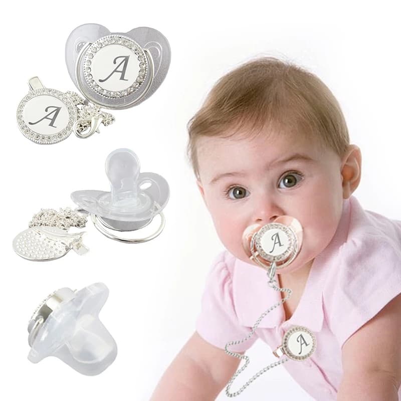 Transparante 26 Letras Prata Bebê Fopspeen Met Ketting Clip Pasgeboraen Bpa Gratis Bling Manequim Fopel Chupete