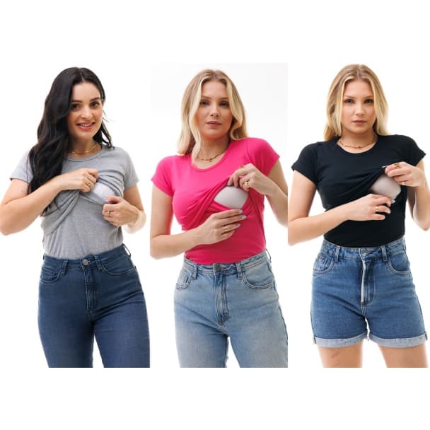 Kit com 3 Camisas de Manga Curta com Gola Redonda e Abertura Para Amamentar - Várias Cores