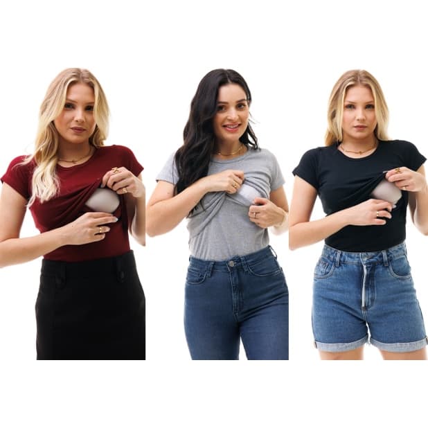 Kit com 3 blusas manga curta Amamentação ItsBella