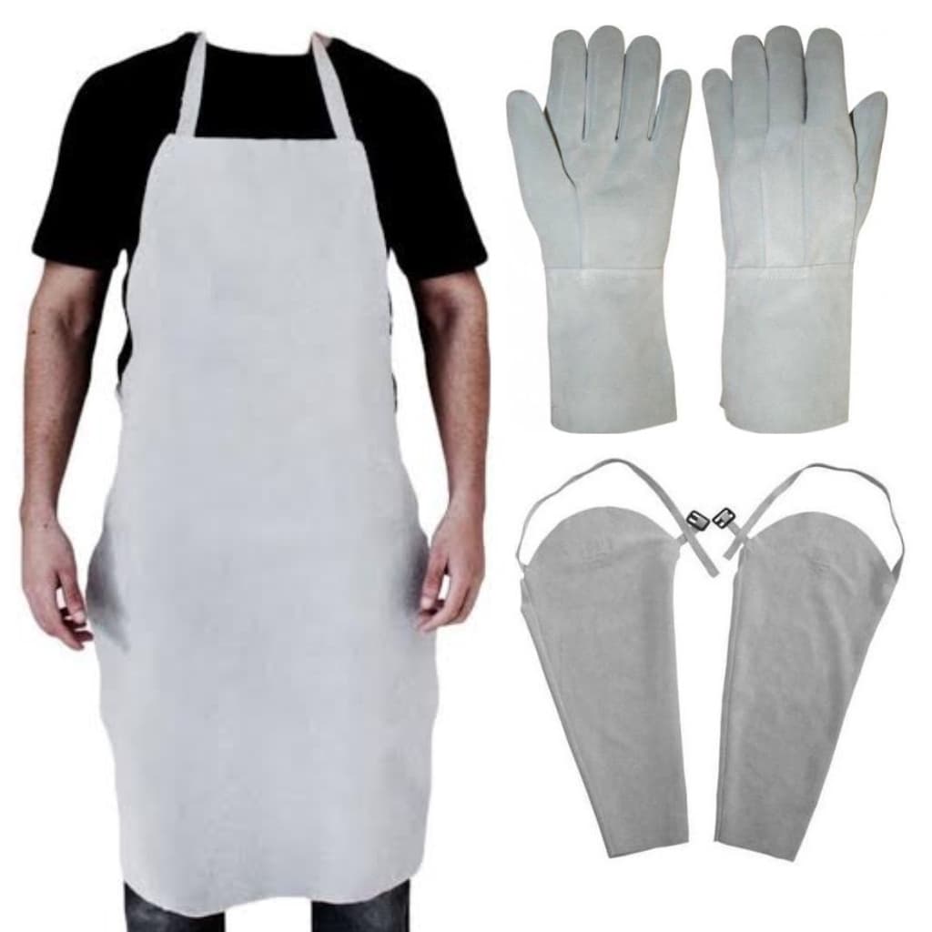 Kit Protetor Soldador Serralheiro, 1 Avental, 1 Mangote e 1 Luva Raspa Punho 15 Cm
