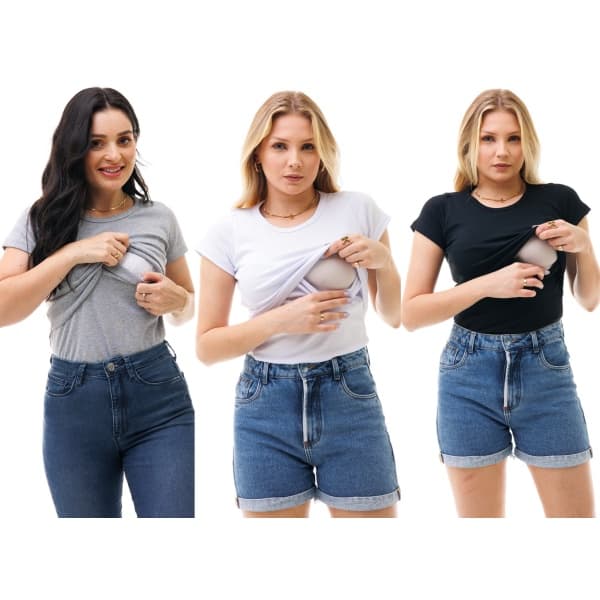 Kit com 3 Blusas Manga Curta Amamentação
