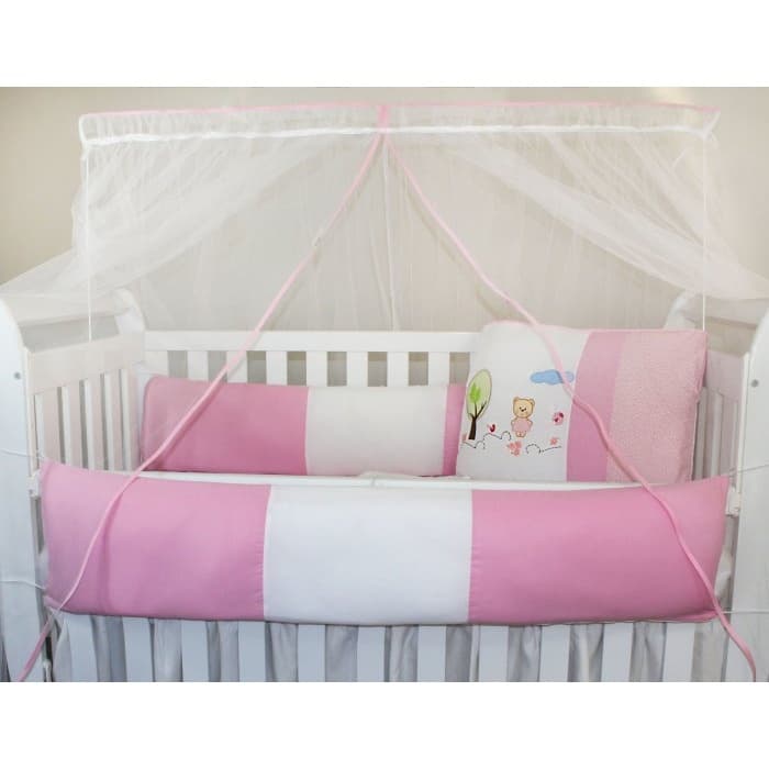 Kit Protetor de Berço Kids com Mosquiteiro Comum 7 peças Jardim Rosa