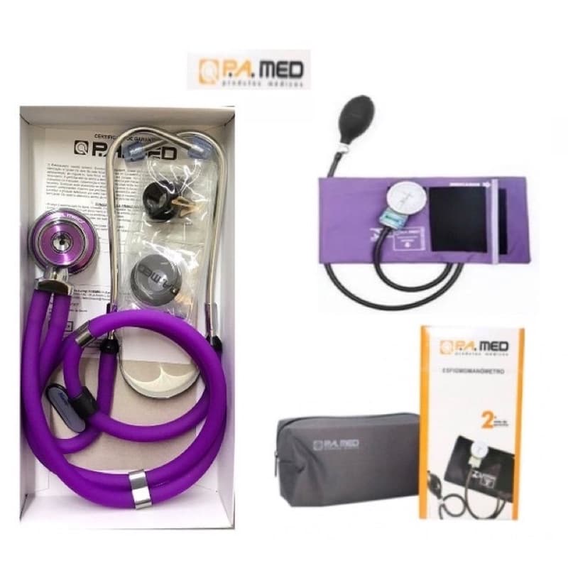 Estetoscópio Rappaport + Aparelho de Pressão PAMED Várias cores Profissional com kit reserva e Bolsinha