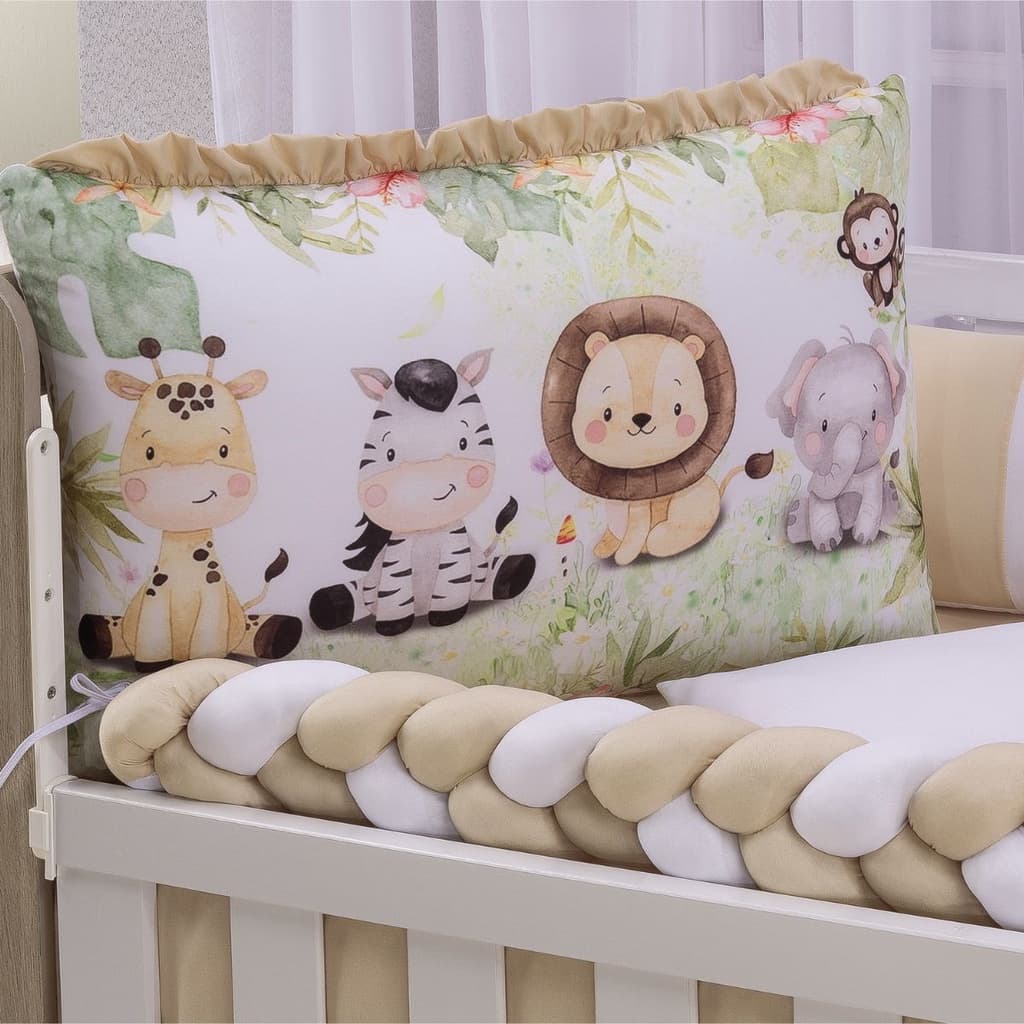 Kit Berço Americano Safari Animais Menino Menina Com Trança e Mosquiteiro 10 Peças