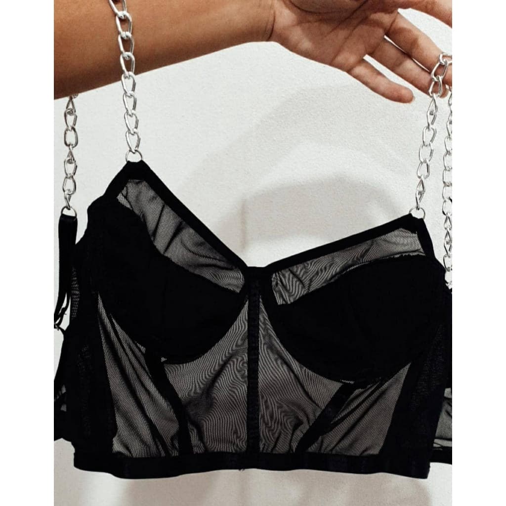 Cropped Feminino POP com Tela Transparente e Forro no Busto – Alça de Corrente