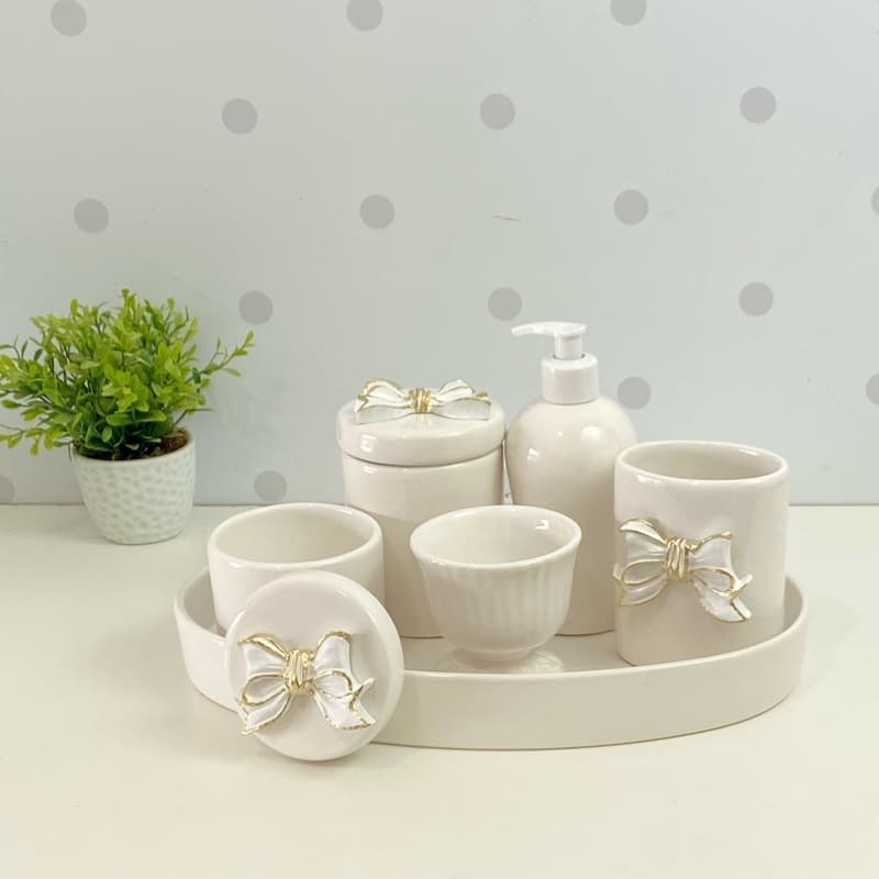 kit higiene porcelana bandeja oval porta pente branco laço