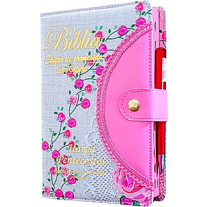 Bíblia Sagrada da Mulher Letra Gigante com Harpa e Corinhos Botão e Caneta