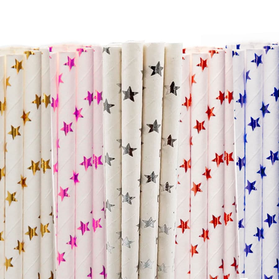 Kit 25 Canudo biodegradável de papel branco decorado estrela metalizado topo de bolo 6mm Q8