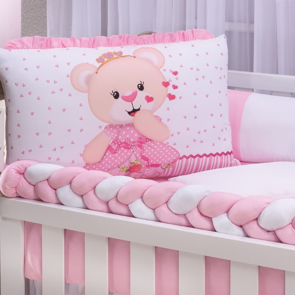 Kit Berço Americano Menina Princesa Rosa 10 Peças com Trança e Mosquiteiro