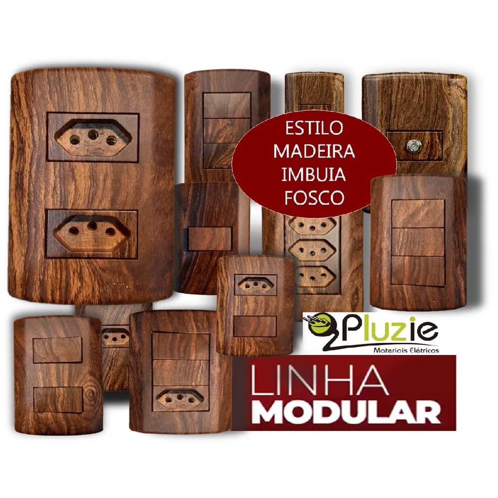 Tomada Interruptor Pluzie Rústico Imbuia Fosco Estilo Madeira Linha Completa