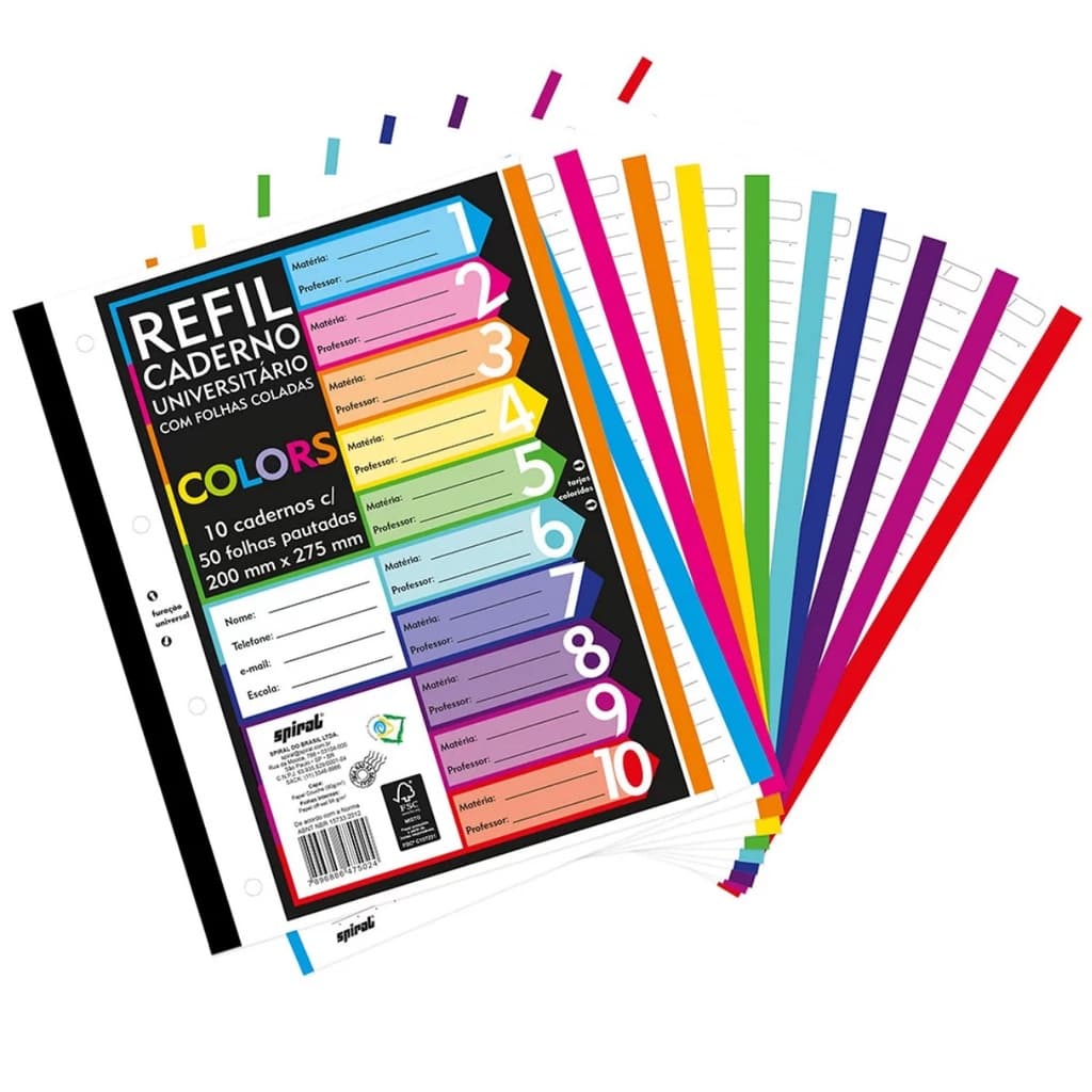 Folha Fichário A4 Universitário 4 furos Refil c/500 Fls Coladas Coloridas Spiral