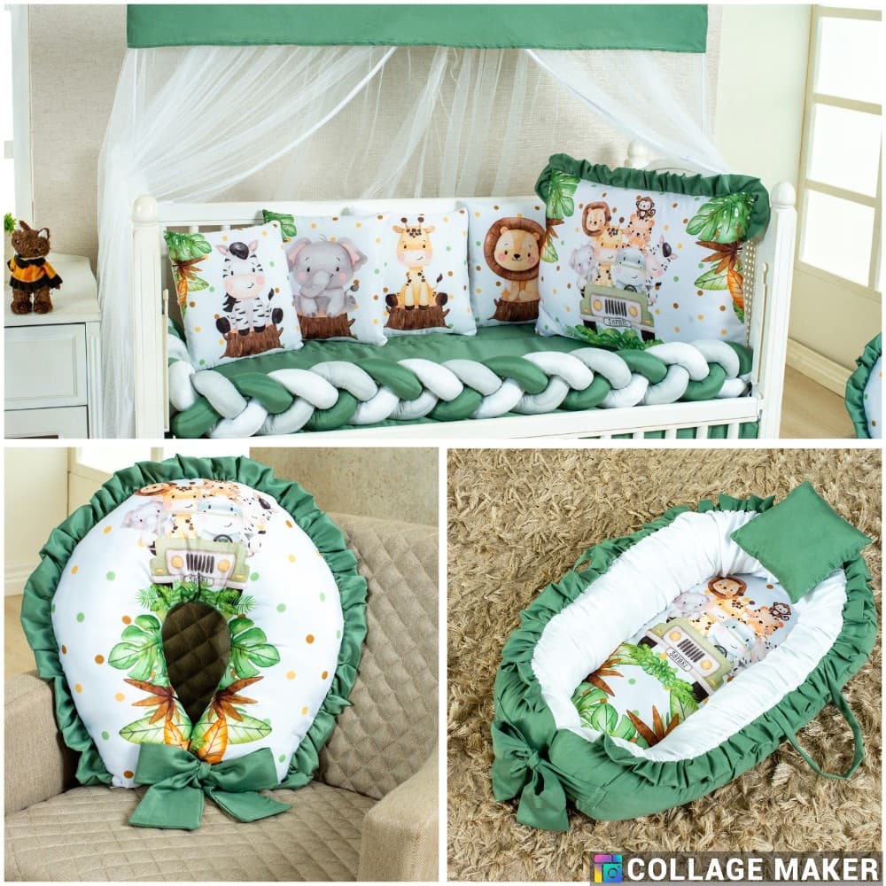 KIT DE BERÇO + ALMOFADA AMAMENTAÇÃO + NINHO REDUTOR DE BERÇO SUBLIMADO SAFARI VERDE