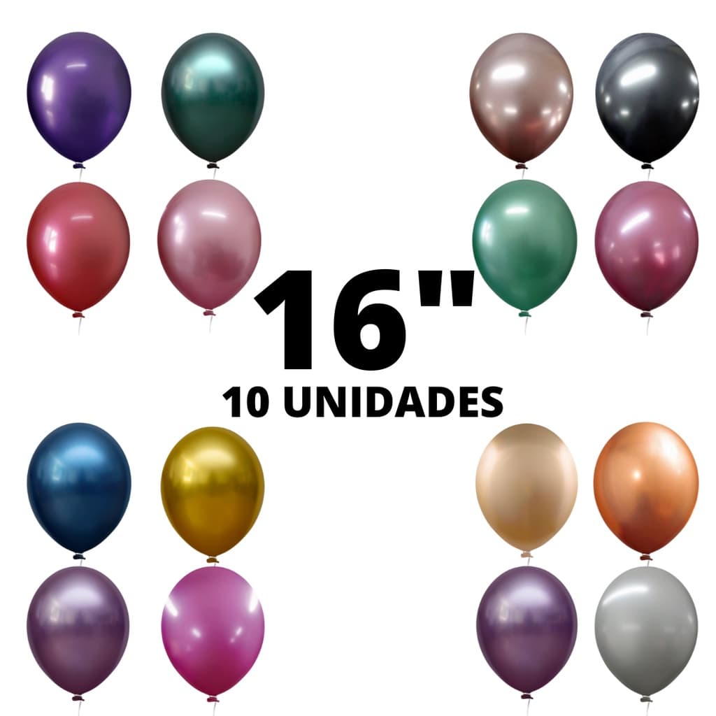 Balão Bexiga 16 Polegadas 10 Unidades Metalizado Alumínio Cromado