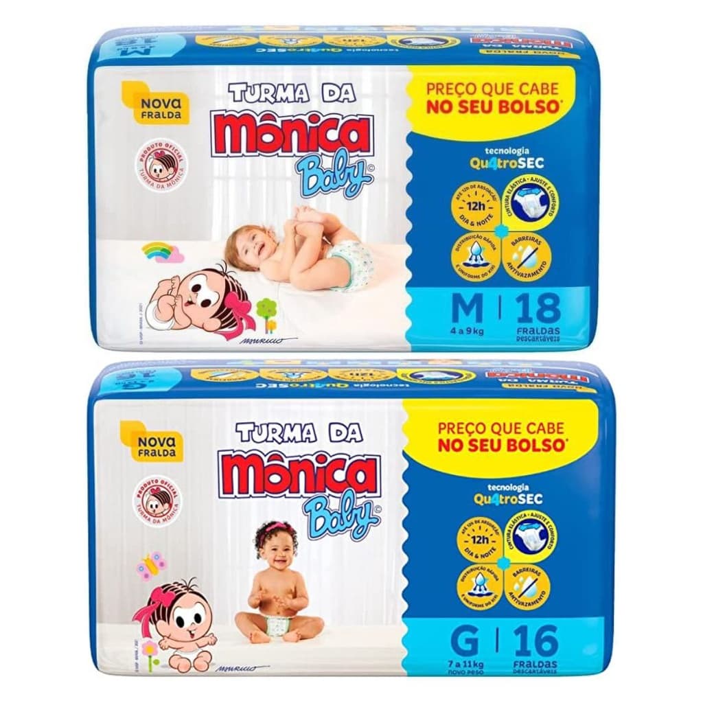 Kit com 2 Pacotes de Fraldas Descartável Turma da Mônica Baby Tecnologia QuatroSec Tamanhos Variados