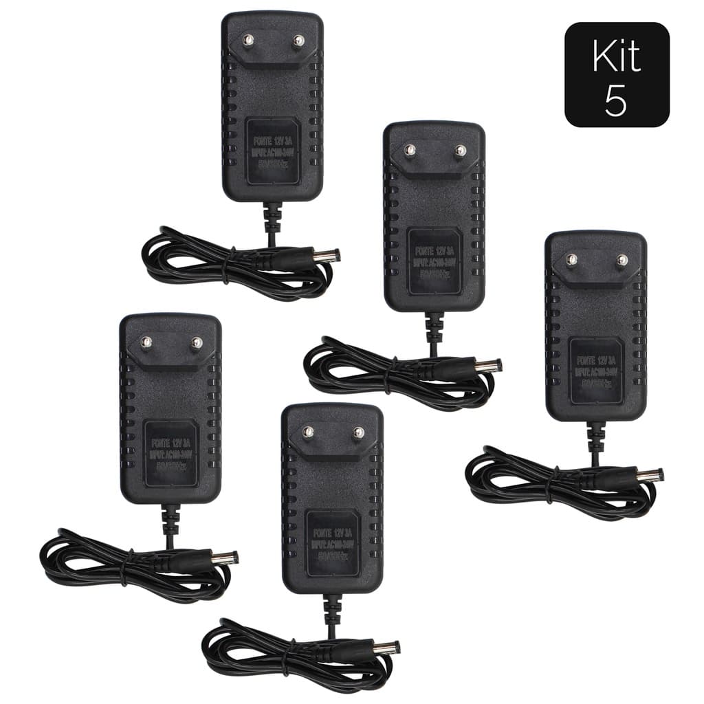 Kit 5 Fonte 3a 12v Estabilizada Chaveada Bivolt Cftv Fita Led