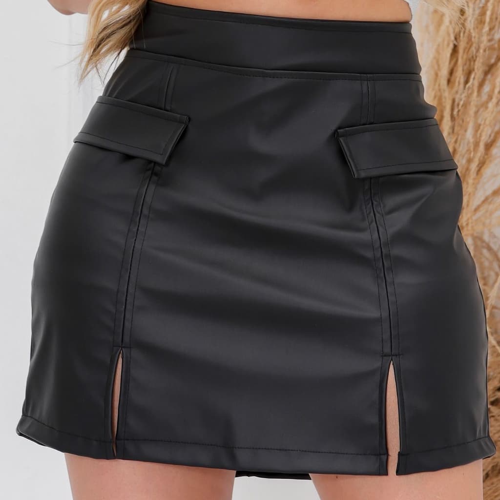 Saia Couro Fake Feminina, Short por Baixo, Cintura Alta, Não Marca Confortável Pronta Entrega M a XG