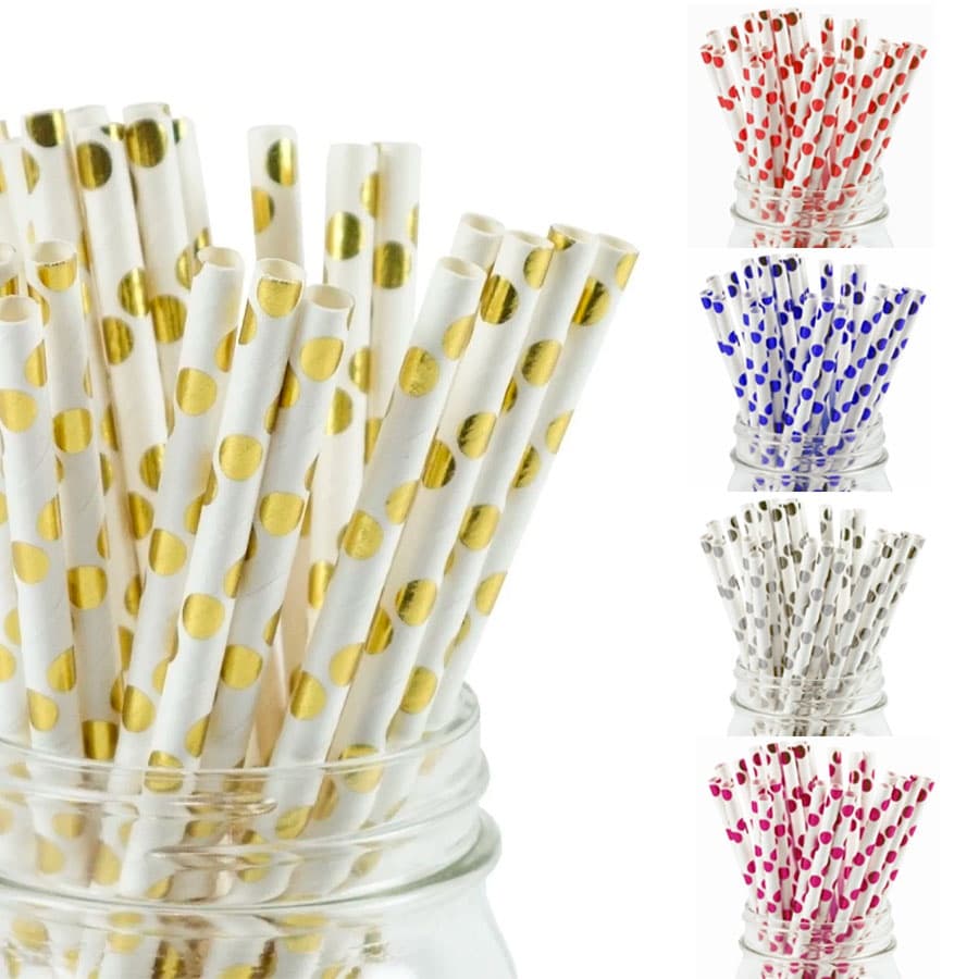 Kit 25 Canudo biodegradável de papel decorado bolinha metalizado topo de bolo 6mm Q8