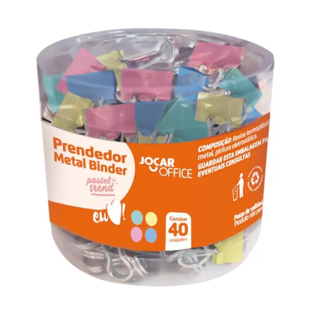 Kit Prendedor metal para papel 19mm com 40 unidades, tons pastel