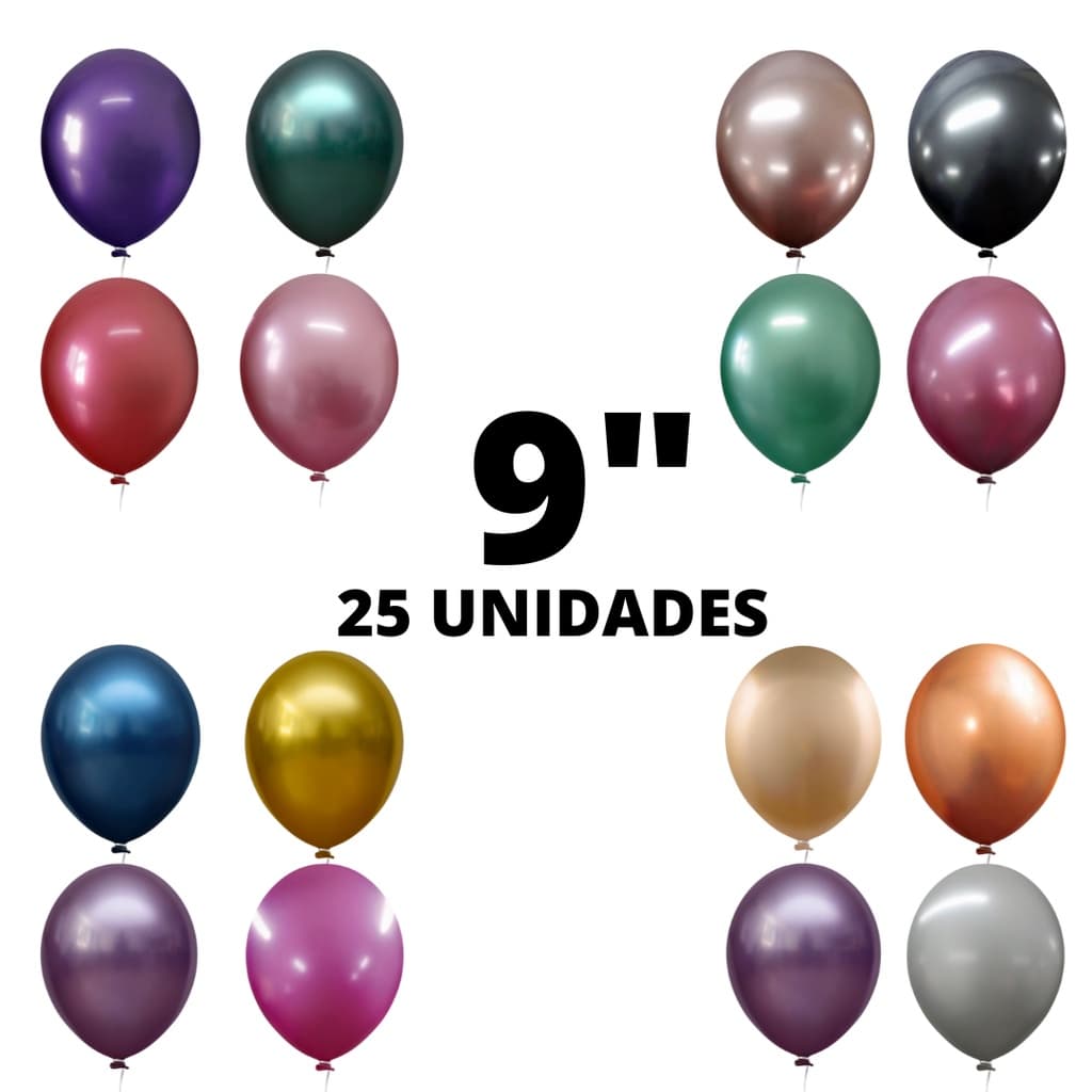 Balão Bexiga 9 Polegadas 25 Unidades Metalizado Alumínio Cromado