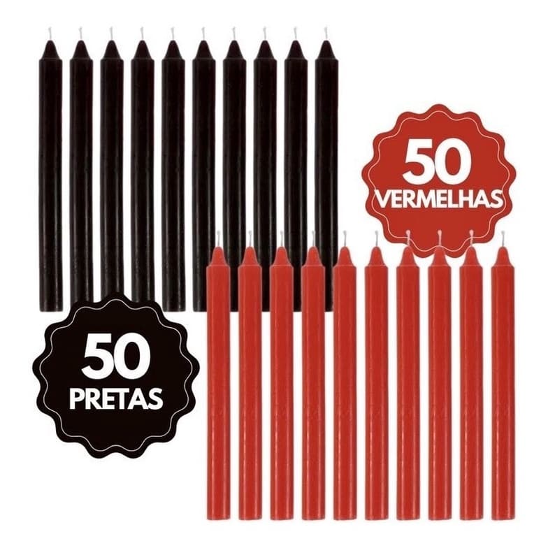 Kit Vela Palito Vermelha 50 Unidades e Velas Preta 50 Unidades 16 x 1,2 cm