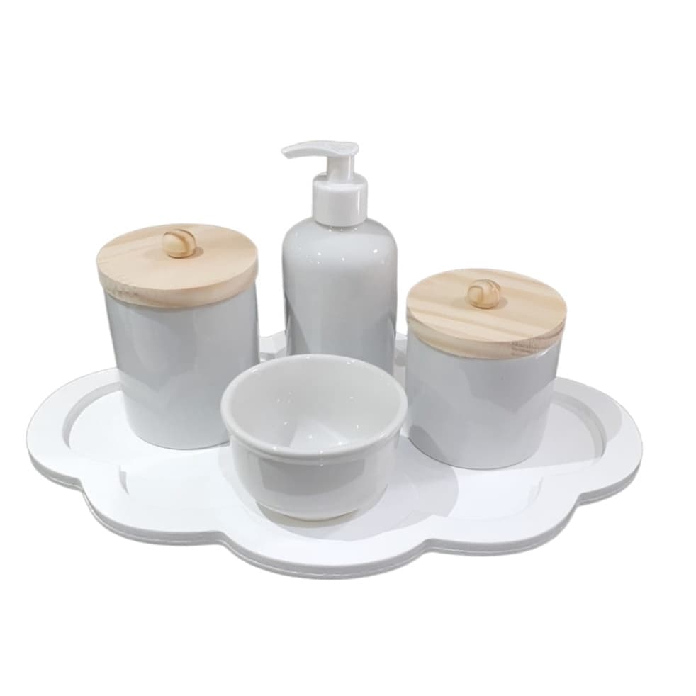 Kit Higiene Bebê Porcelana Branca 5 peças Saboneteira Líquida Bandeja Nuvem branca