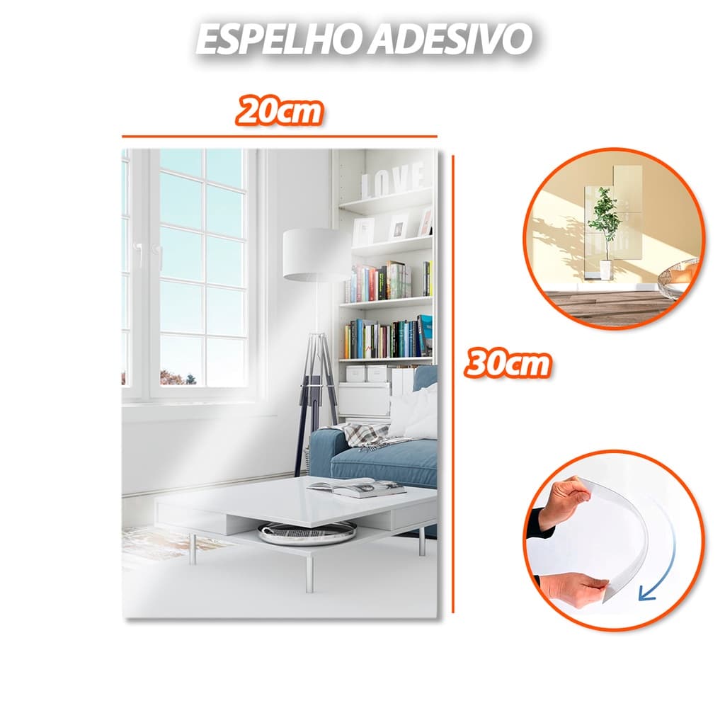 Espelho Placa 30x20cm Com Adesivo Auto Colante Acrílico Boa Nitidez Decorativo Quarto Sala Banheiro Oferta  Kolling Sell
