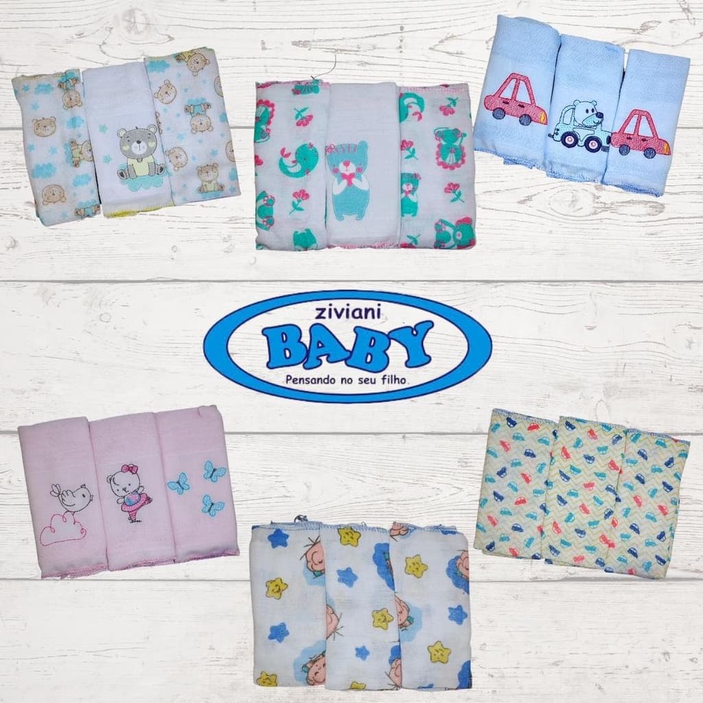 Pano de boca Babete kit com 3 incomfral estampado 100% algodão