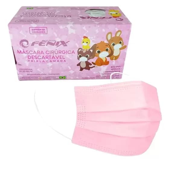 Máscara Infantil Cirúrgica Descartável Tripla 50 unidades Clipe Nasal Rosa