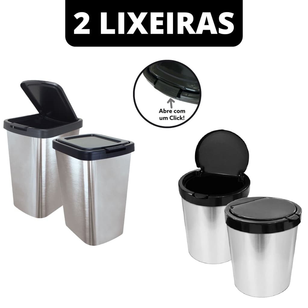 Kit 2 Lixeiras Cesto 09 e 10 Litros Inox Metalizado Com Tampa Click Label Lixeira Redonda Banheiro