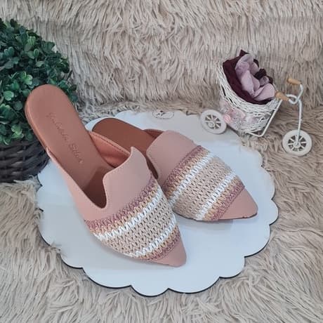 Sapatilha Mule Feminina Tendência Sapato rasteirinha cavada com trança de palha moda muller ref.04