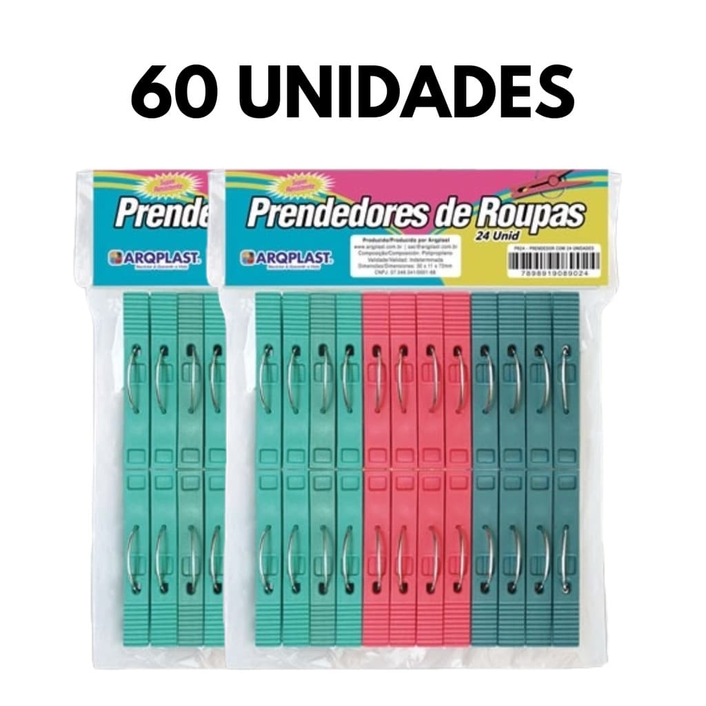 Kit Pregador Prendedor de Roupas 60 Unidades Plástico Mordida Forte Resistente