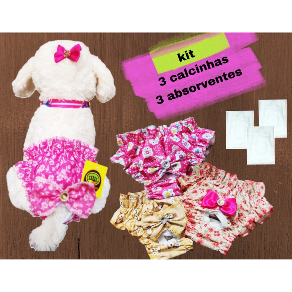 Kit Calcinha Pet Higiênica com Absorvente Cio Roupa Pet Cães Gatos 3 unds